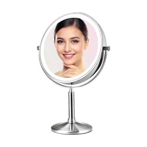 VESAUR Lighted Makeup Mirror, 9" Large Rechargeable 1X/10X Double Sided HD Magnifying Mirror with 3 Colors, 360deg Brightness Adjustable Vanity Mirror, Detachable Travel Cosmetic Mirror, Senior Nickel