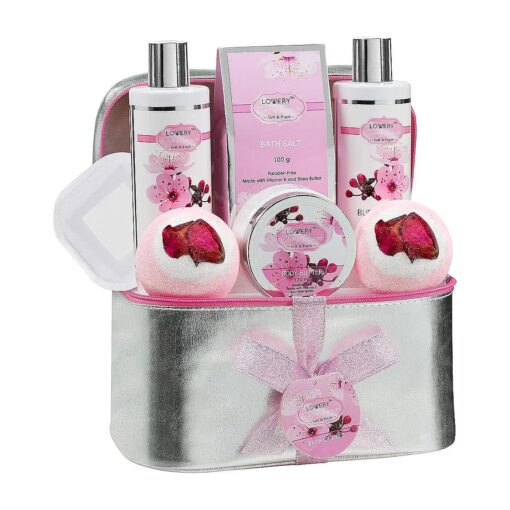 Bath and Body Spa Gift Basket Set for Women - Cherry Blossom Home Spa Set with Fragrant Lotions, 2 Extra Large Bath Bombs, Mirror, Silver Reusable Travel Cosmetics Bag & More, Christmas, Care Package