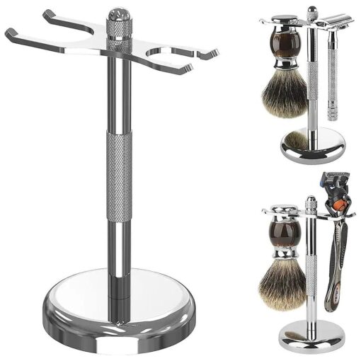 Linkidea Razor and Brush Stand Holder, Deluxe Men 's Stainless Steel Shaving Brush Hanger Base, Shaver Kit Organizer for Bathroom Shower ( Silver )