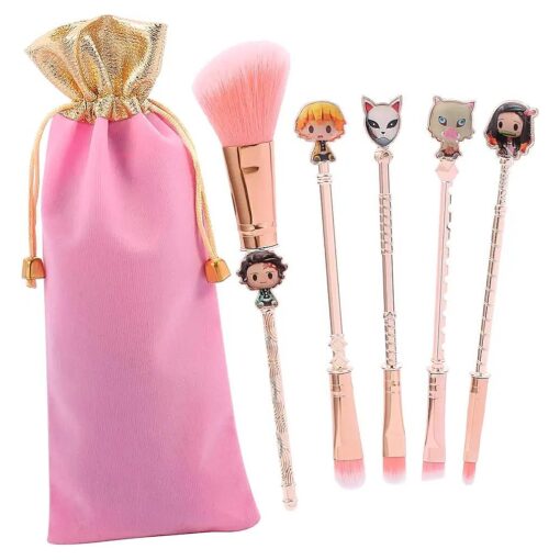 Demon Anime Makeup Brushes Set - 5pcs Kimetsu noyaiaba Peripheral Makeup Brushes Nezuko Tanjirou Metal Handle Makeup Tools Gift for Fans Pink