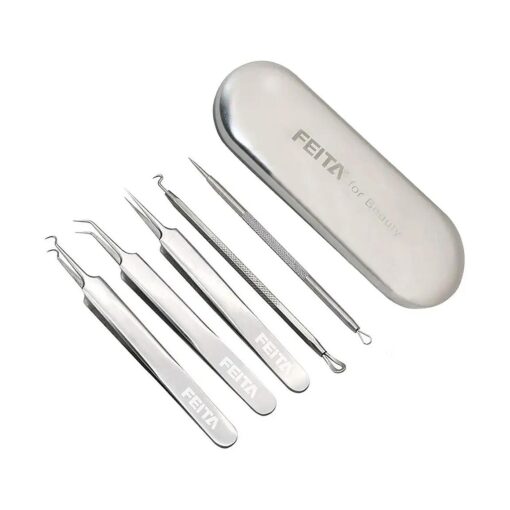 Blackhead Remover Kit - FEITA Blackhead Tweezers Removal Tool Kit Set - Acne Tweezers Pimple Comedone Extractor with Travel Case ( 5 Pcs )