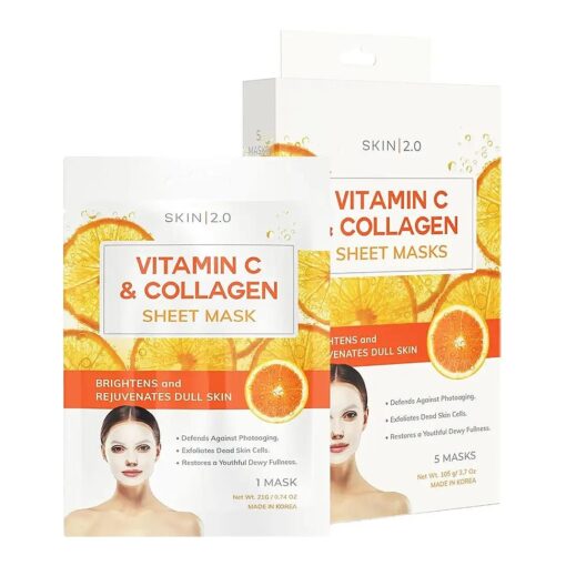 Vitamin C and Collagen Sheet Face Mask - Dermatologist Tested - Prevents Sun Damage, Reduces Acne Scars & Wrinkles, Brightening Sheet Mask - Korean Skin Care - All Skin Types - 5 Masks