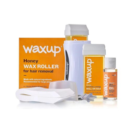 waxup Roll on Wax Kit for Hair Removal, Roller Waxing Kit for Women, 1 Portable Wax Warmer, 25 Non Woven Waxing Strips, 2 Honey Wax Roller Kit Refill, 1 Almond Oil Wax Remover