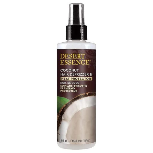 Desert Essence Coconut Hair Defrizzer & Heat Protector 8 fl oz - Gluten Free, Vegan, Cruelty Free - Coconut Oil & Jojoba Seed Extract - Protects Hair from Heat & Styling Damage