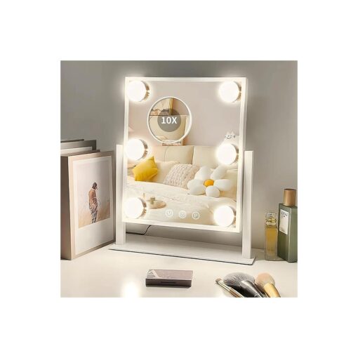 Vanity Mirror with Lights, 12" x10" Lighted Makeup Mirror, 3 Color Modes & Brightness Adjustable, Detachable 10X Magnification Mirror and Phone Holder, 360degRotation ( White )