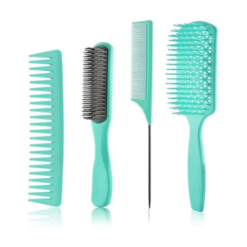 Detangling 4 Pcs Hair Brush & Comb Set For Men and Women, Great For Wet, Dry or Curly Hair ( Green )