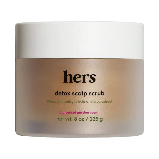 hers detox scalp scrub with salicylic acid and aloe vera extract to exfoliate and moisturize the scalp, botanical garden scent, no parabens phthalates or sulfates, cruelty free, 8oz