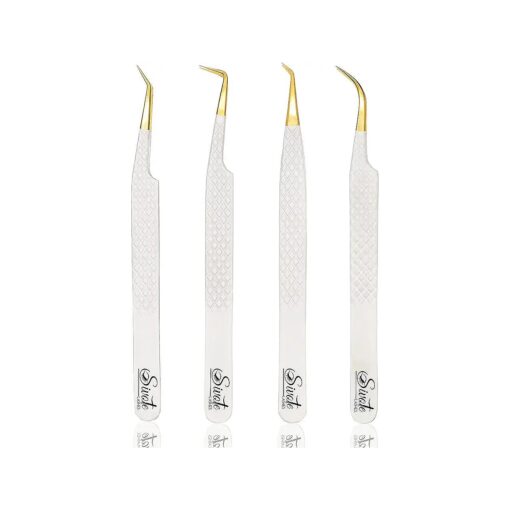 SIVOTE Fiber Tip Volume Lash Tweezers for Eyelash Extensions with Diamond Grip, Set of 4, White