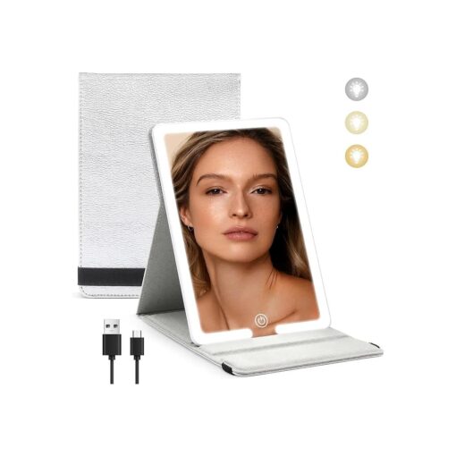 Makeup Mirror with Lights, PU Leather Travel Mirror with 3 Color Dimming Lighted Makeup Mirror, 8x5.5IN Vanity Mirror with Lights, 1500mAh Tabletop Cosmetic Mirror, Portable LED Travel Light Up Mirror