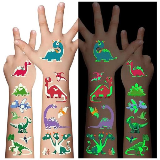 Dinosaur Glow Temporary Tattoos for Kids, Dinosaur theme Luminous Tattoos Stickers, Glow In The Dark Tattoos for Boys and Girls, Face Makeup Fake Tattoos, Holiday Party Supplies Gifts for Children