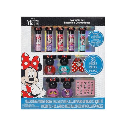 Townley Girl Disney Minnie Mouse Sparkly Cosmetic Makeup Set for Girls with Lip Balm Nail Polish Nail Stickers-35 Pcs|Perfect for Parties Sleepovers Makeovers|Birthday Gift for Girls above 3 Yrs, Kid