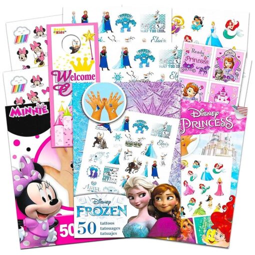 Disney Tattoos Party Favor Set for Girls - 150 Temporary Tattoos Featuring Minnie Mouse, Disney Princess and Frozen with Stickers and Door Hanger ( 6 Tattoo Sheets )