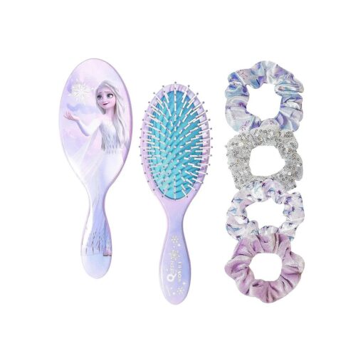 Frozen Princess Elsa 5 Pcs Hair Accessory Set - 1 Hair Brush + 4 Scrunchies for Girls, Detangling Brush and Elastic Hair Ties .