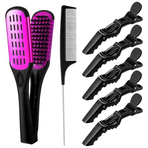 Double Brush Hair Straightening Boar Bristle Clamp Hair Comb for Straightening Hair Splint Comb with 5 Pieces Alligator Hair Clips, Pin Rat Tail Comb for Hair Styling ( Rose Red Comb )