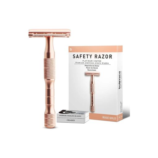 Double Edge Safety Razor for Women, Single Blade Razors for Women, with 10 Platinum Coated Razor Blades, Men 's Reusable Metal Razor, Free of Plastic, Rose Gold