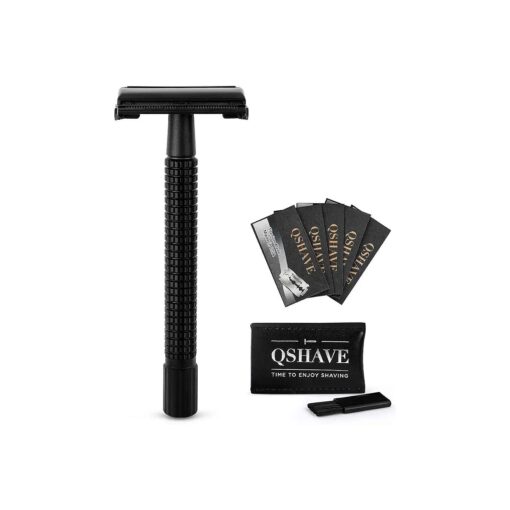 QSHAVE Double Edge 4 inch Long Handle Safety Razor for Men or Women Twist Butterfly Open Matte Black Steel Coating ( 1 Razor + 5 pcs Titanium Coated Blades + Leather Travel Case )