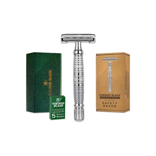 VIKINGS BLADE Double Edge Safety Razor for Men + 5 Swedish Steel Blades + Luxury Case, Long Handle, Smooth, Reusable, Eco-Friendly ( The Vulcan )