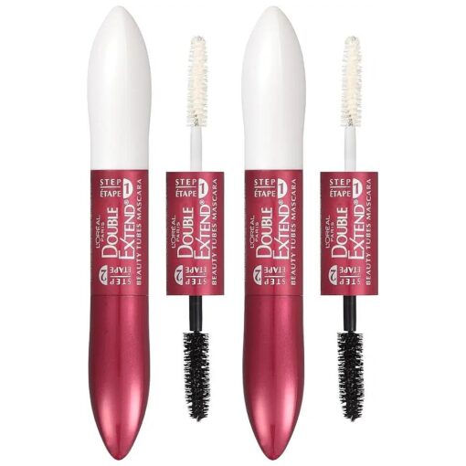 L'Oreal Paris Makeup Double Extend Tubing Mascara, Lengthening 2 Step Mascara, Smudgeproof, Blackest Black, Pack of 2