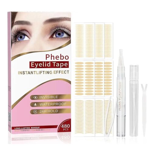 Phebo Eyelid Tape, 480pcs Eyelid Lifter Strips, Waterproof Double Eyelid Tape, Lids by Design Eyelid Strips, Double Eyelid Tape Suitable for Uneven or Monolids, Say Goodbye to Hooded, Droopy Lids Pink