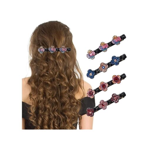 Sparkling Crystal Stone Braided Hair Clips, Four-Leaf Clover Chopped Hairpin Duckbill Clip, Braided Hair Clip with Rhinestones for Women/Girls ( A-4PCS )