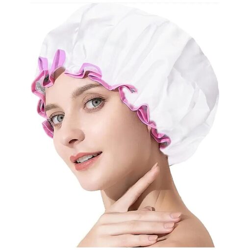 2PCS Shower Cap for Kids Girl, 12.5" Shower Cap for Long Hair, Double Layer Waterproof Shower Cap, Elastic Shower Cap for Women 's Hair Treatment, Salon, Spa ( White )