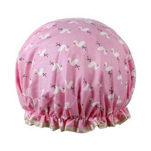 Shower Cap Lined Double Layer Waterproof Hair Bath Caps with Lace Elastic Band Lovely Pink Flamingo Pattern Reusable Bathing Hat for Women All Hair Lengths and Thicknesses