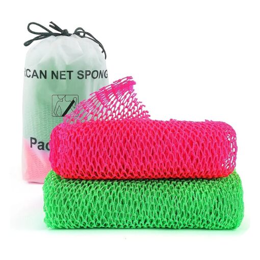 2 Pieces African Net Sponge, Authentic Real African Exfoliating Net Bath Sponge Wash Cloth Loofah Exfoliating, Body Back Scrubber for Shower, Long Nylon Exfoliating Back Washcloth Towel for All Skin