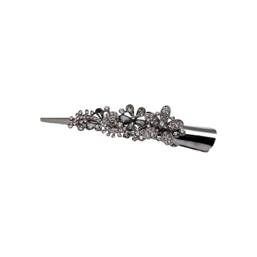 Large Double Row Teeth Metal Duck Bill Clips Hair Clips Rhinestone Flower Hair Barrettes with Teeth Hair Pins Hair Slide Stylish for Women Girl Hair Elegant ( Grey )