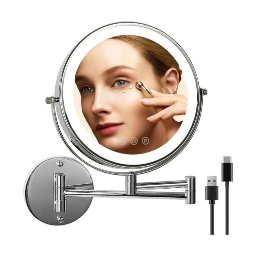 9" Wall Mounted Lighted Makeup Mirror with Magnification, 1X/10X Magnifying Mirror with Light, 3 Color LED Dimmable 2000mAh Rechargeable Light Up Magnifying Mirror Silver Extendable