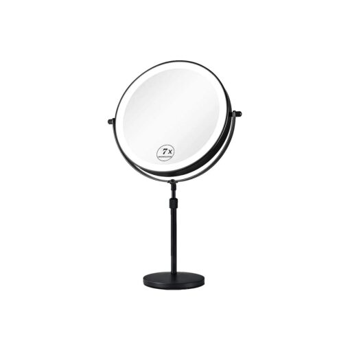 Tabletop Makeup Mirror 8 Inch Double-Sided 7X Magnification, Tabletop Mirror with Pedestal for Shaving, Height Adjustable Black Finish ( 8 Inch, 7X ) ( Black W Light )