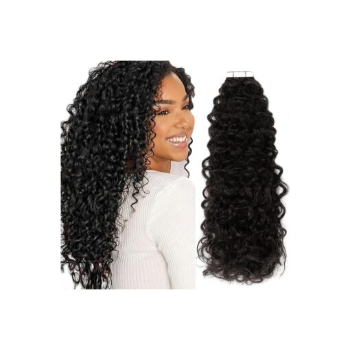 Caliee Real Human Hair Curly Tape in Hair Extensions Jerry Curly 22inch, Natural Curly Black Tape in Human Hair Extensions Double Sided 3B 3C Curly Tape in Extensions Real Remy Human Hair 20pcs 50g