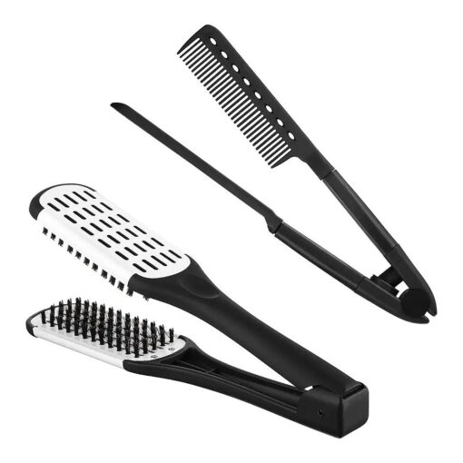 Chengu 2 Pcs Straightening Comb For Hair, Boar Bristles Clamp Double Sided Brush Hair Straightening Brushes Comb Flat Iron Comb Hair Styling for Straightening Knotty Unkempt Hair ( Black White, Black )