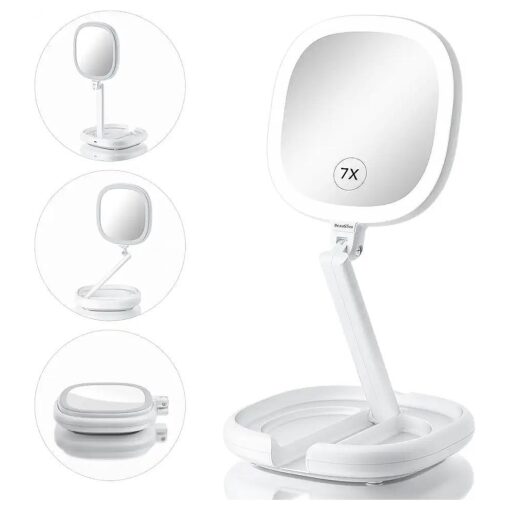 Makeup Mirror with Light and Magnification, 7X/1X Light Up Makeup Mirror Travel Lighted Make Up Mirror with Adjustable Height Double Sides Folding Magnifying Mirror with Light