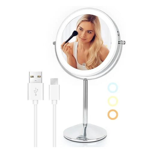 8" Makeup Mirror with Lights, Rechargeable 1x/10x Magnifying Mirror with 3 Colors, 360deg Rotation Double Sided Rechargeable Desk Cosmetic Mirror, Touch Dimming LED Lighted Makeup Mirror