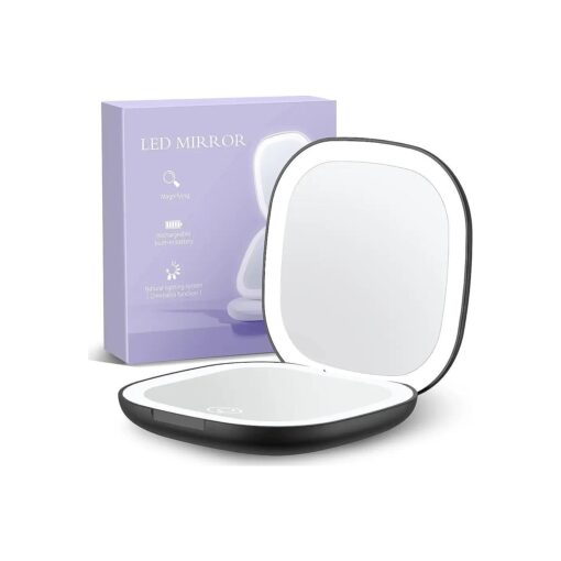 Gospire Double-sided Rechargeable Travel Makeup Mirror with Lights and Magnification 10X, LED Compact Mirror with 3 Light Colors & Adjustable Brightness, Small Vanity Mirror Handheld for Purse - Black