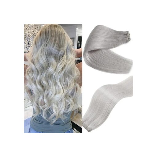 Double Weft Human Hair Extensions Silky Straight Silver Sew in Hair Bundles 18 Inch 100Gram Hand Tied Bundles Grey Real Human Hair Hand Tied Weft Hair Extensions Silver Remy Hair Bundles for Women