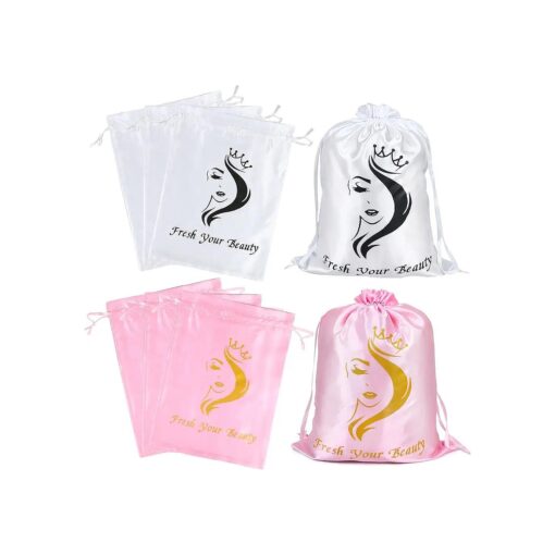 AliLeader 6 Pcs Silk/Satin Wig Storage Bags, Drawstring Travel Bag for Bundles, Wigs, Hair Extensions, Gift ( White, Pink )