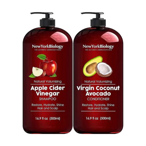 New York Biology Apple Cider Vinegar Shampoo and Coconut Avocado Oil Conditioner Set - Helps Restore Shine, Hair Gloss and Hydration for Dry Hair & Itchy Scalp - Clarifying & Nourishing - 16.9 Fl Oz