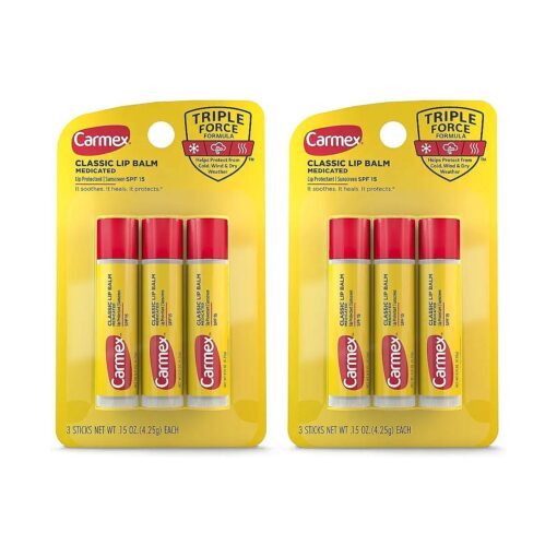 Carmex Medicated Lip Balm Sticks, Lip Moisturizer for Dry, Chapped Lips, 0.15 OZ - ( 2 Packs of 3 )