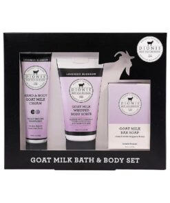 Goat Milk Skincare Lavender Blossom 3 Piece Self Care Essentials Gift Set - Bar Soap, Hand & Body Cream & Whipped Chamomile Sugar Body Scrub In Recyclable Box - Exfoliate & Moisturize Dry Skin