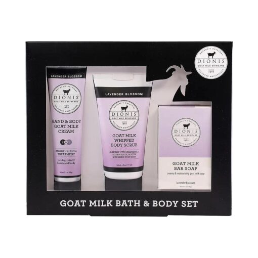 Goat Milk Skincare Lavender Blossom 3 Piece Self Care Essentials Gift Set - Bar Soap, Hand & Body Cream & Whipped Chamomile Sugar Body Scrub In Recyclable Box - Exfoliate & Moisturize Dry Skin