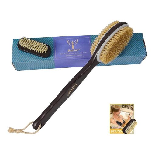 Bath Body Brush for Shower with Soft & Stiff Bristles for Exfoliating, Cellulite, Blood Circulation - Wet or Dry Body Brushing, Long Non-Slip Wooden Handle Back Scrubber ( Brown )