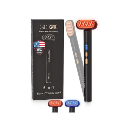 GLO24K 6-IN-1 Beauty Therapy Wand for the Face, Eyes, and Neck I Based on Dual LED Light Therapy, Thermal, Vibration, and Micro-Current Technologies I Skin Rejuvenation