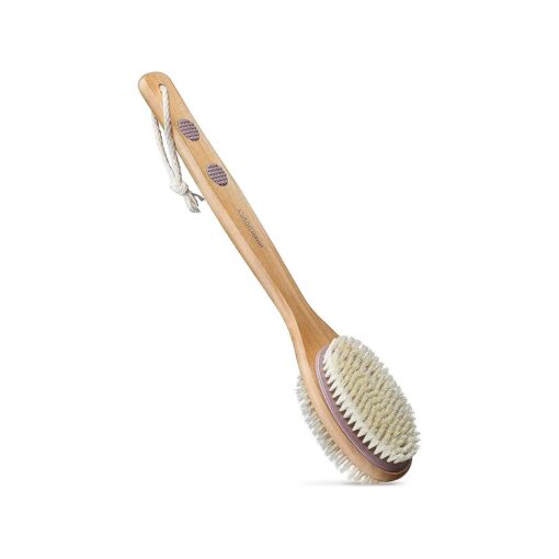 MainBasics Back Scrubber for Shower Long Handle Back Brush Dual-Sided with Exfoliating and Soft Bristles ( Lavender, Wood )