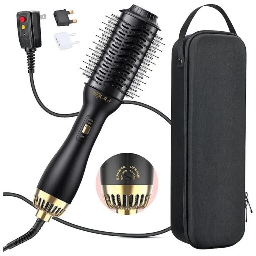 Dual Voltage Hair Dryer Brush for International Travel, Travel Hair Dryer Brush with European Plug, 110V-120V/220V-240V Dual Voltage Hot Air Brush, EU/UK Plug Adapter & Travel Case Included