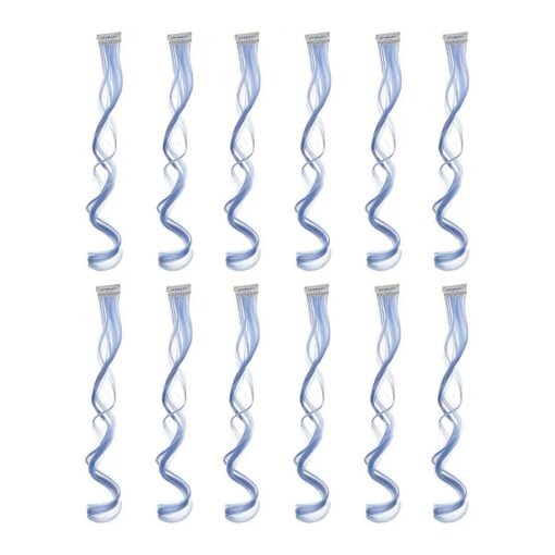 SWACC 12 Pcs Curly Wavy One Color Party Highlights Clip on in Hair Extensions Colored Hair Streak Synthetic Hairpieces ( Dull Blue )