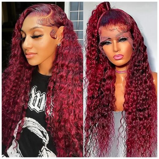 99j Burgundy Lace Front Wigs Human Hair Pre Plucked 13x4 Deep Wave Lace Front Wigs Human Hair 24Inch Deep Curly Human Hair Lace Front Wigs 180 % Density Glueless Wigs with Baby Hair ( 24 Inch )