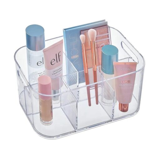 STORi Bliss 5-Compartment Plastic Cosmetics Storage Organizer | Clear | Rectangular Divided Makeup Bin & Vanity Caddy with Pass-Through Handles | Round Corner Design | Made in USA