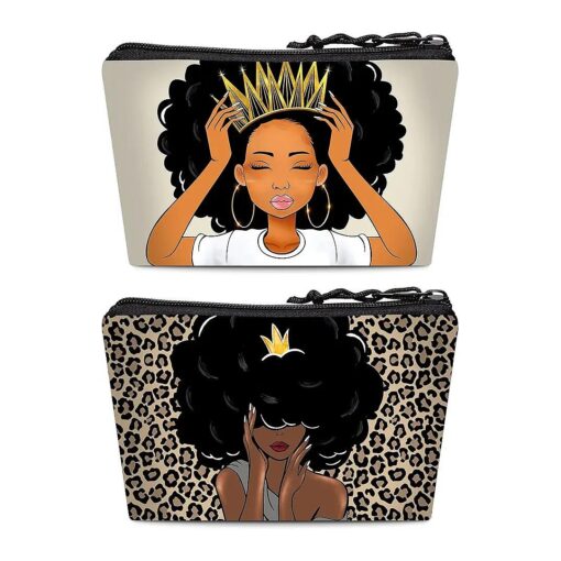 2 Pieces Makeup Bag Accessories Pouch Black Queen Afro Melanin Art Travel Toiletry Bag Reusable Cosmetic Organizer for Women Afro Gifts