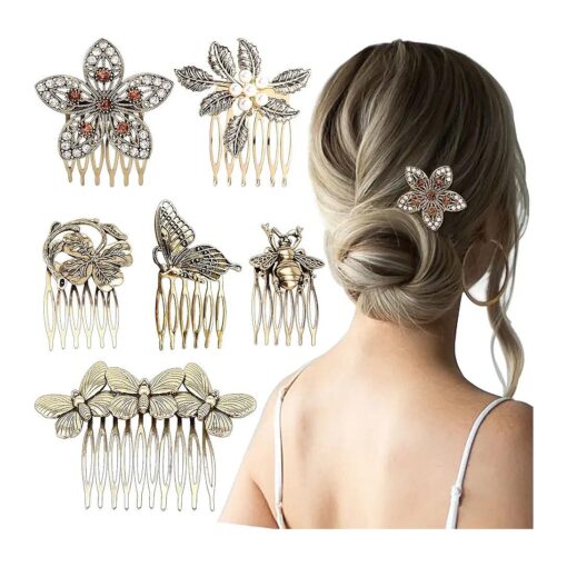 6 Pack Vintage Hair Side Combs for Women Decorative, Retro Gold Pearl Rhinestone Metal Hair Comb Clips with Teeth Grip Crystal Bridal Hair Piece Pins for Wedding Accessories